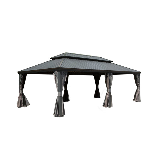 14x22FT Hardtop Gazebo, Outdoor Gazebo With Galvanized Steel Double Roof, Aluminum Frame, Built-in Gutter System, Curtain And Netting, Metal Gazebo Pavilion For Patio Deck Garden, Grey