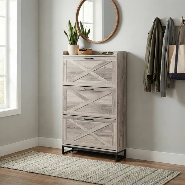 Barn Door Three-drawer Cabinet With Top Panel, Shoe Cabinet, Particleboard, 80x24x145cm, Washed Gray Finish