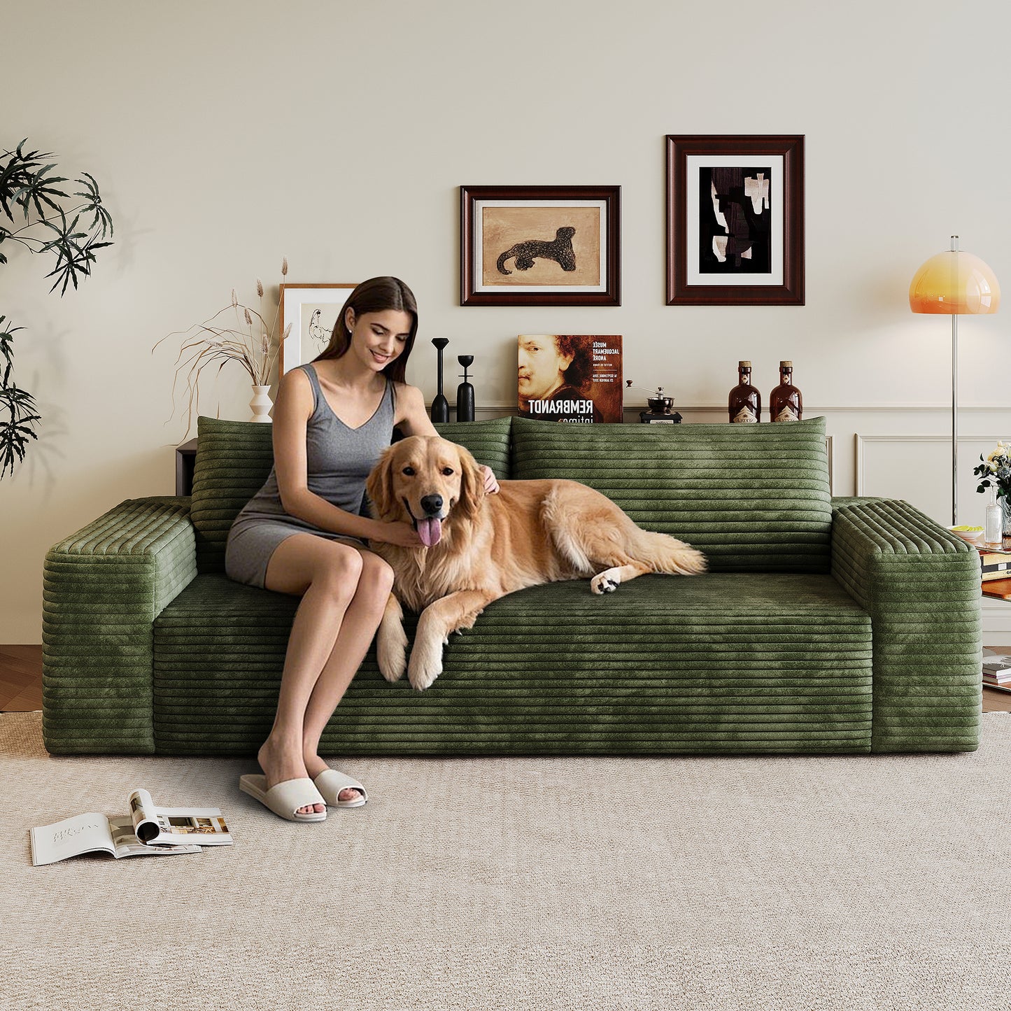 71  3Setaser Sofa,Corduroy Fabric,Deep Seat Couches,Comfy Loveseat Sofa,No Assembly,1pcs For Living Room, Bedroom,Conference Room ,Apartment,Green