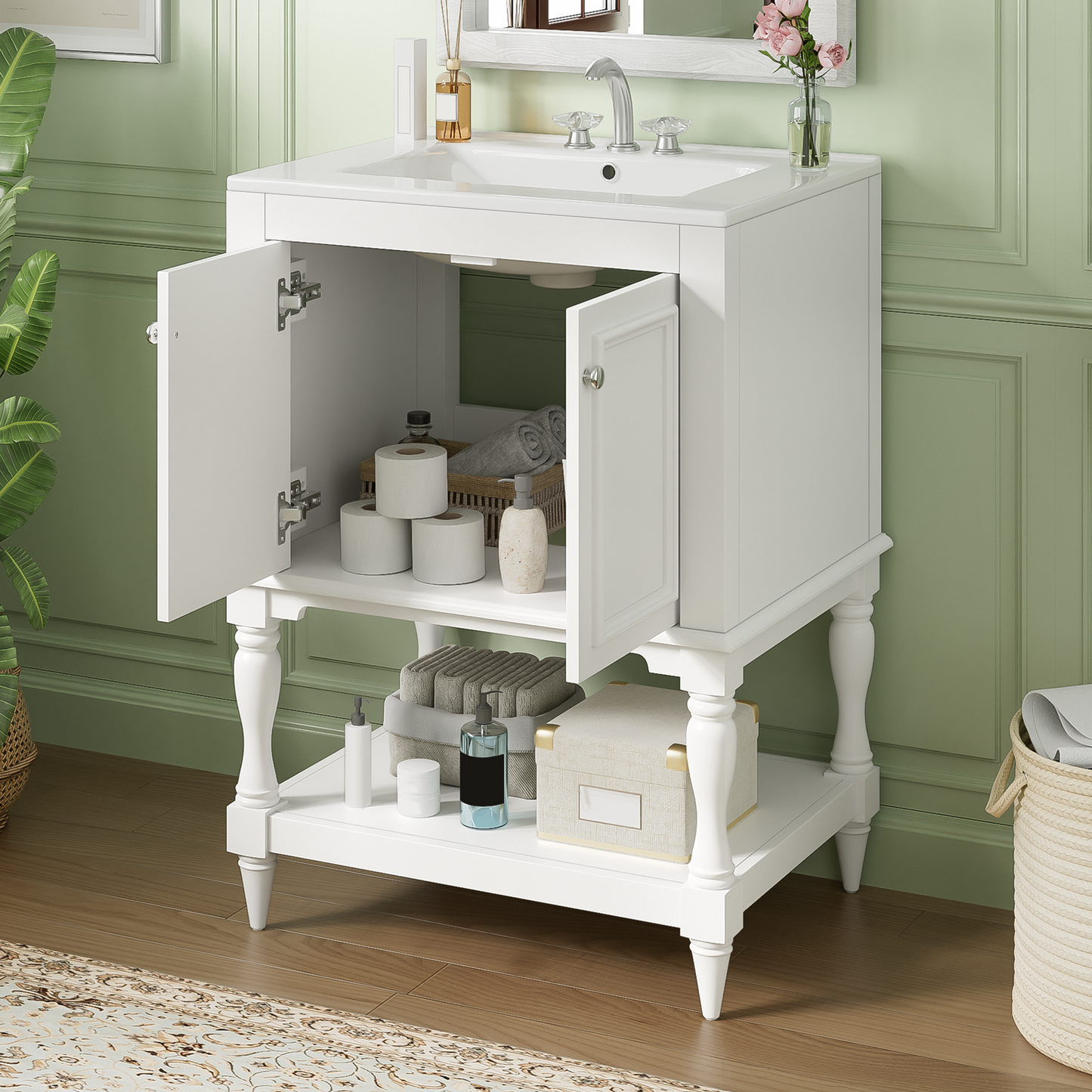 24 Inch Modern Luxury Bathroom Vanity With Ceramic Sink, Bathroom Cabinet With Open Shelf And Closed Storage