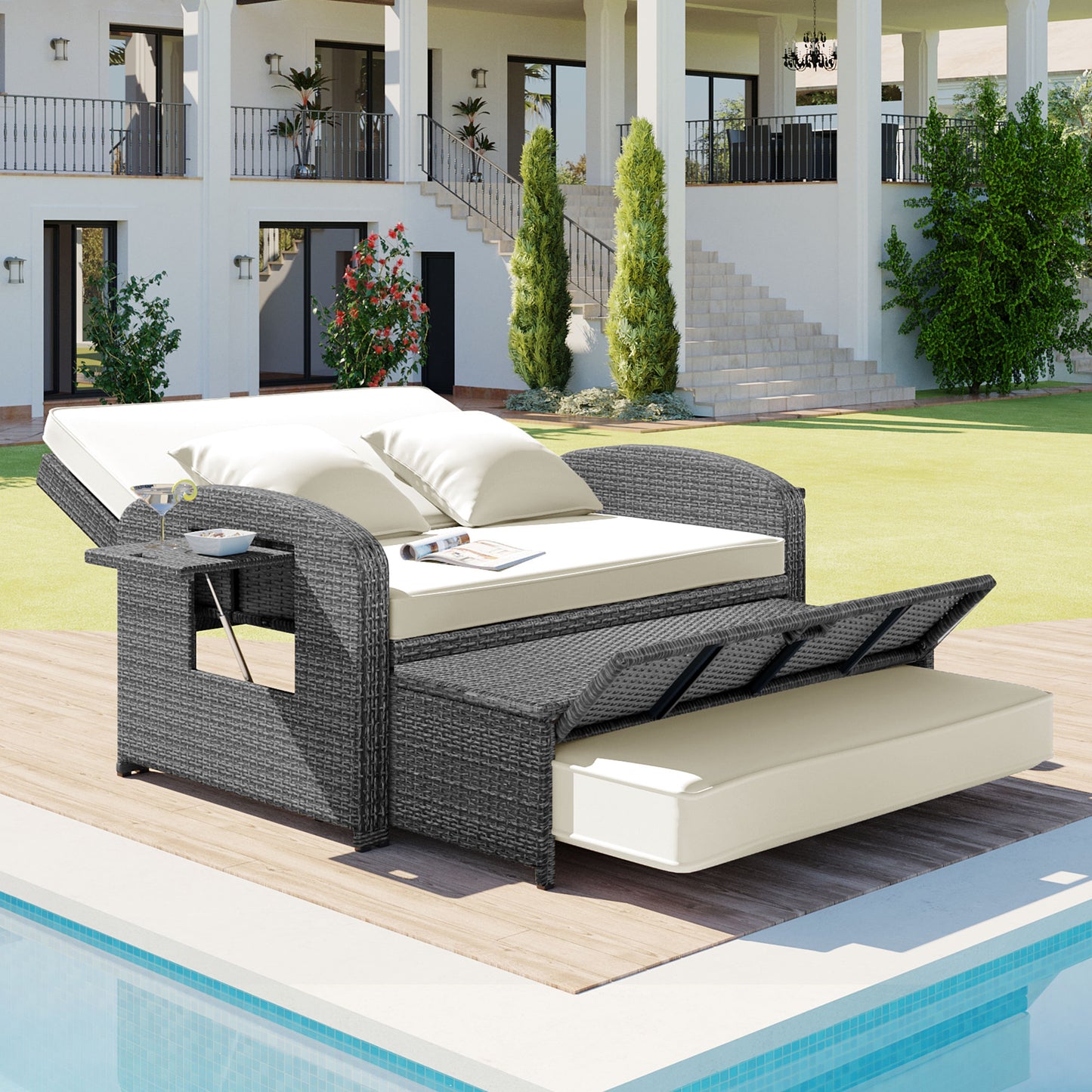 TOPMAX PE Wicker Rattan Double Chaise Lounge, 2-Person Reclining Daybed With Adjustable Back And Cushions, Free Furniture Protection Cover, White