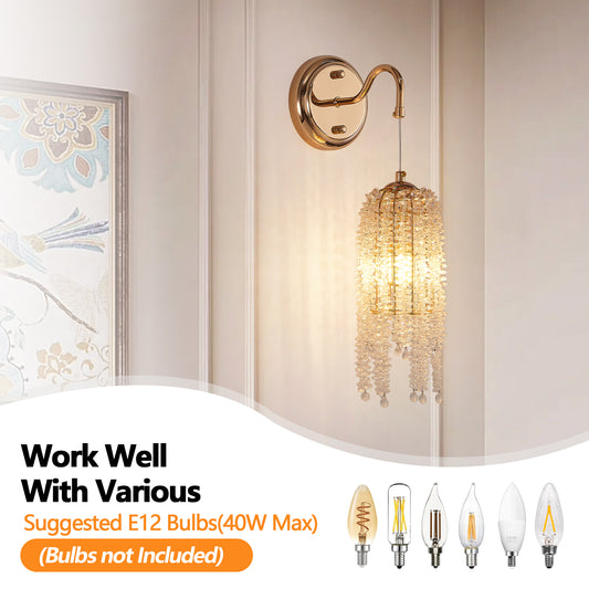 Set Of 2 Gold Frame And Cascading Crystal Bead String Wall Sconces, E12 Bulb Socket, Elegant Hanging Light Fixture For Living Room, Bedroom, Hallway  Bulb Not Included