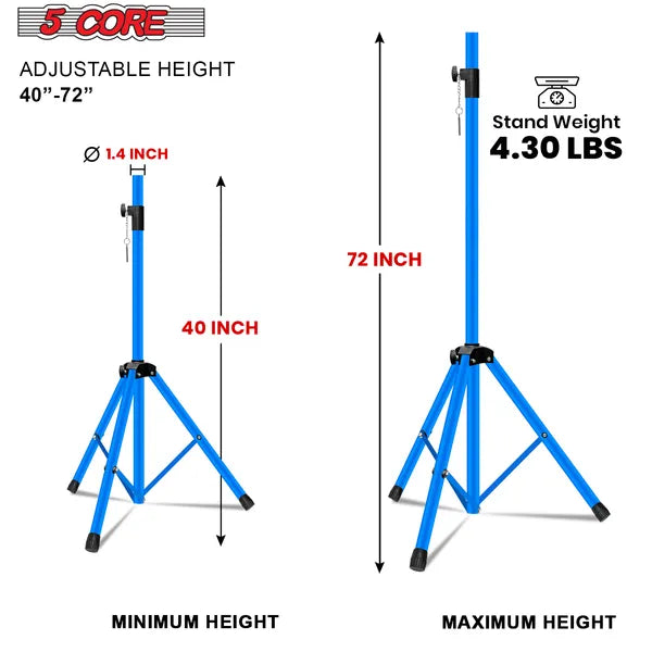 5 Core Speaker Stand 2Pcs Tripod Floor Tall Adjustable Up To 72 Inch DJ Studio Monitor Stands Pole Mount