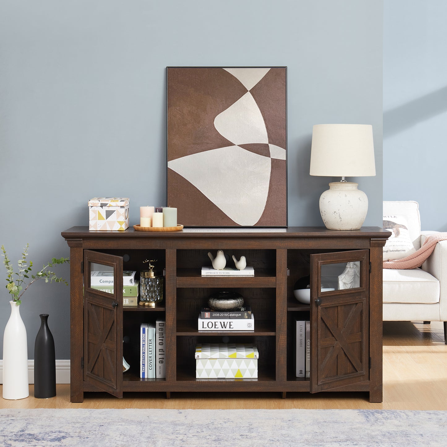 2 Doors Cabinet Farmhouse  Cabinet, Farmhouse TV Stand Barn Design,Modern Farmhouse TV Media Stand, Large Barn Inspired Home Entertainment Console,Espresso, 60.23 Wx15.35 Dx31.7 H