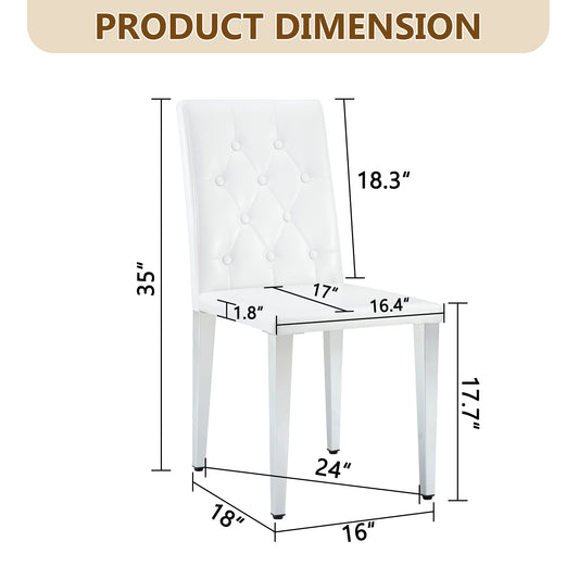 2-pack White PU Dining Chairs Ergonomic Buckle Backrest, 35 Inches High, Silver Metal Legs,Combines Comfort And Texture.Perfectly Suitable For Family Dining Rooms,hotel Banquet Halls,etc.
