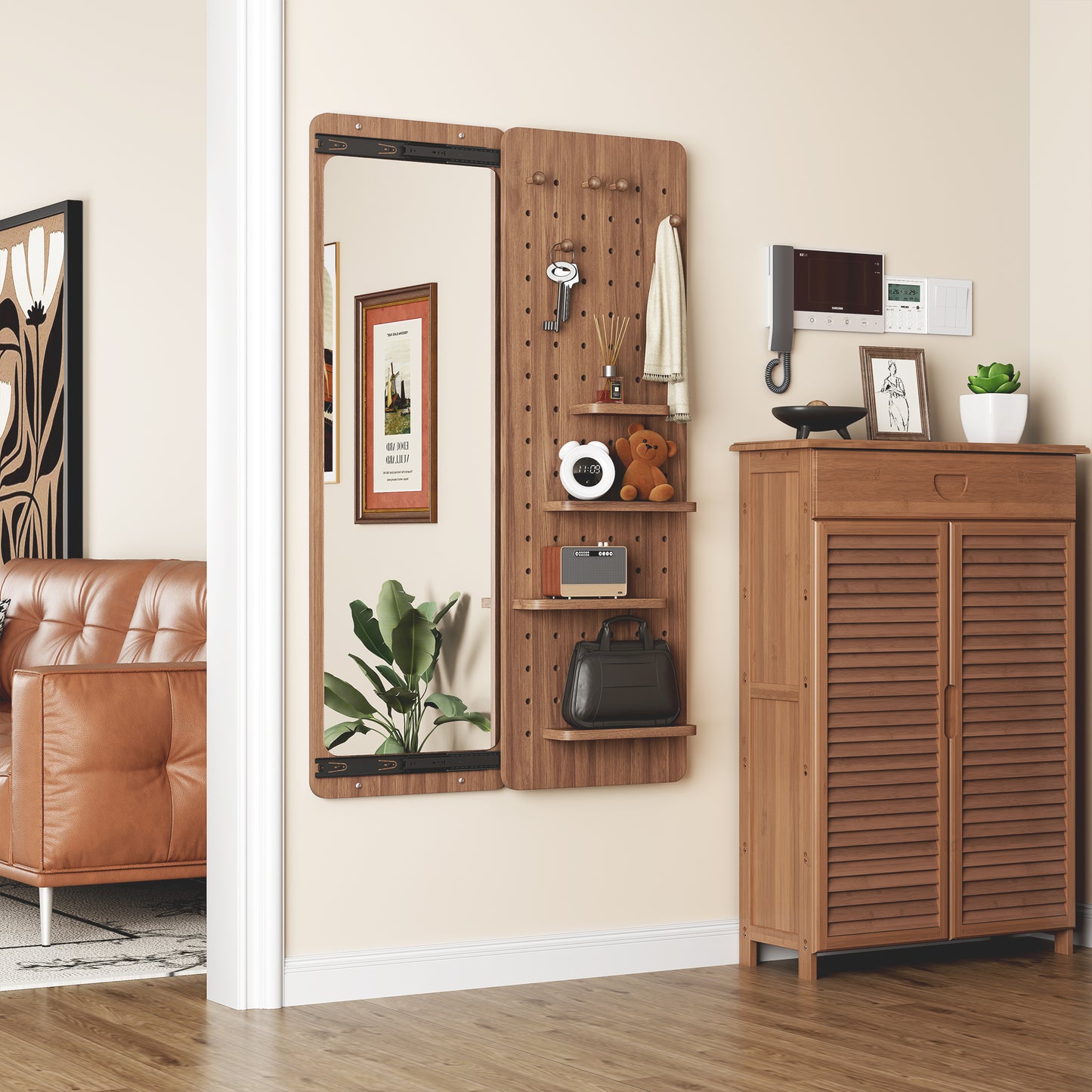47.6 X 15.7 Inch Multi-functional Design Panel Wall-mounted Full-length Mirror, Space-saving, Can Be Pushed And Pulled. Suitable For Bedroom Living Room Entrance   Walnut