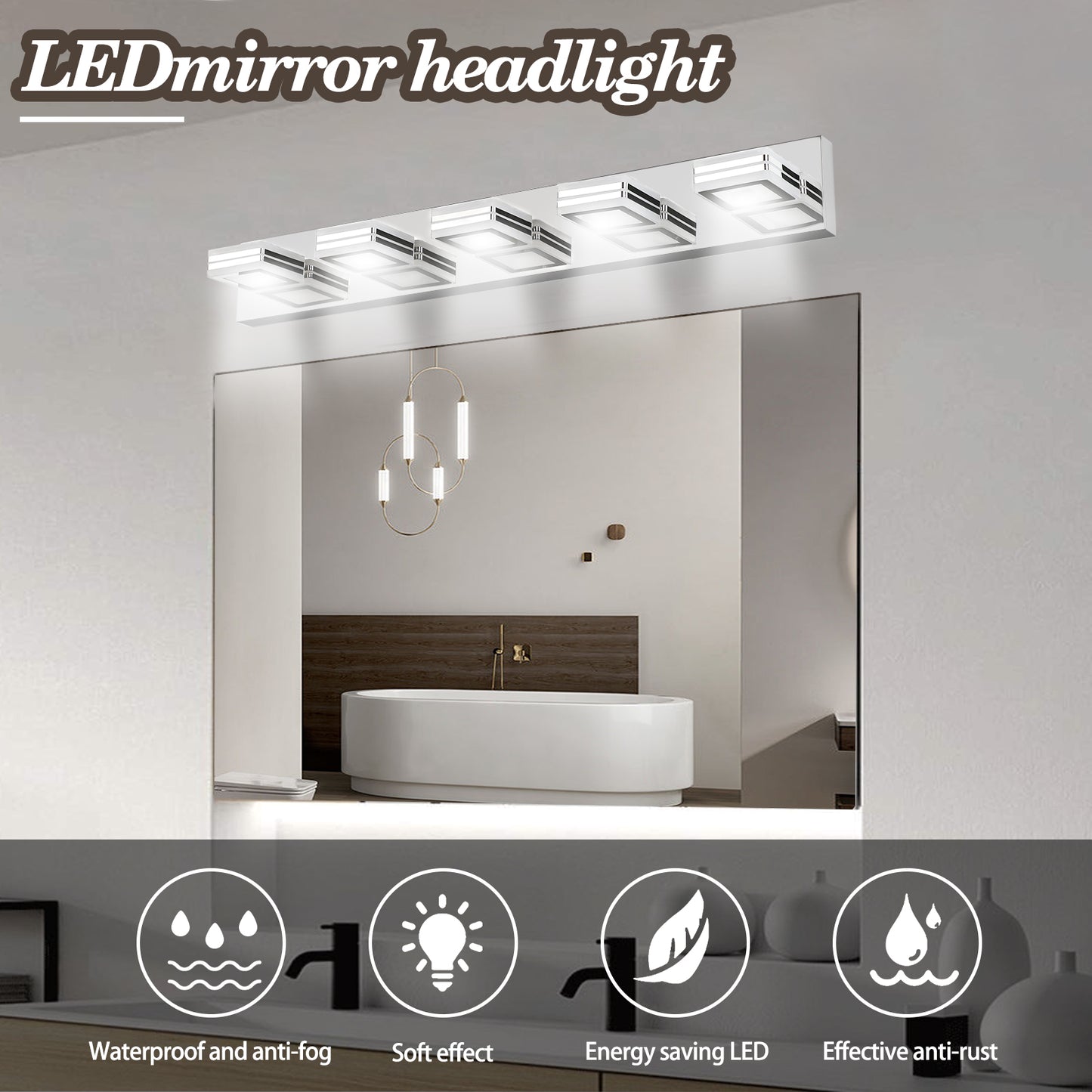32in  Modern Chrome 5-Light LED Vanity Light, Square Acrylic Lampshades Wall Mount Fixture For Bathroom, Mirror Lighting
