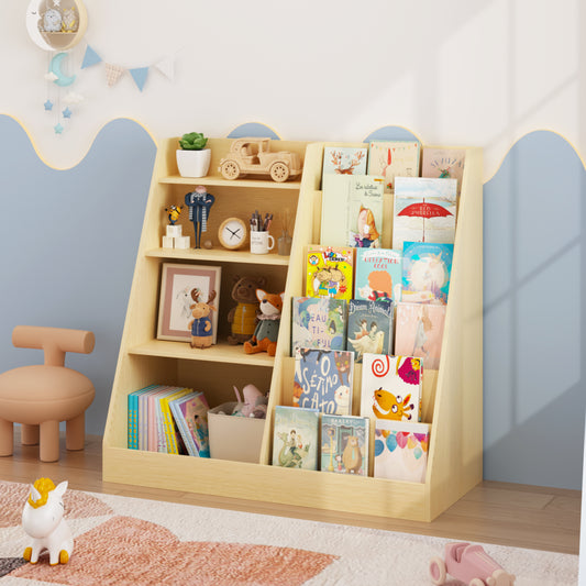 Kids Bookshelf And Toy Storage Organizer, Multifunctional 4 Tier Wooden Kids Book Shelf With  Bookcase Display Stand In Kids Room Playroom Nursery For Kids, Children, Toddlers Natural