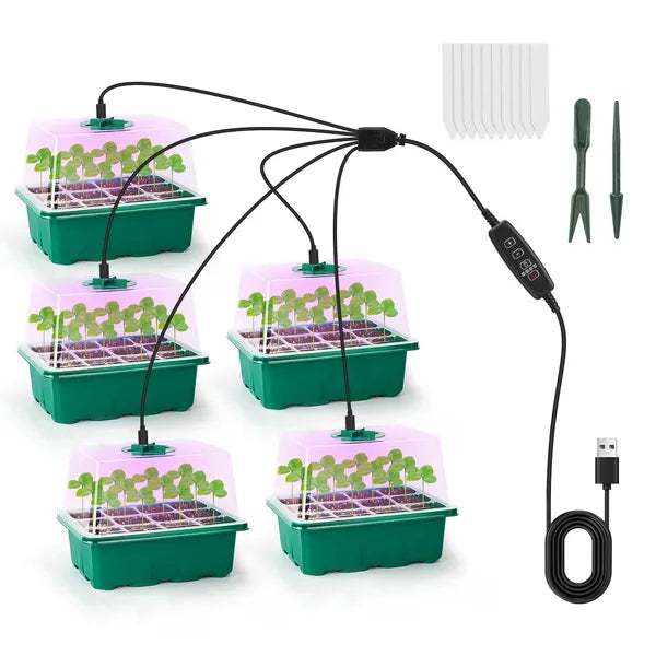 1Set(Overall 5Pcs Trays)/2Set (Overall 10 Trays) Options Seed Starter Tray With Grow Light Humidity Dome Germination Kit With 5-Level Brightness 4 Timers For Indoor Greenhouse