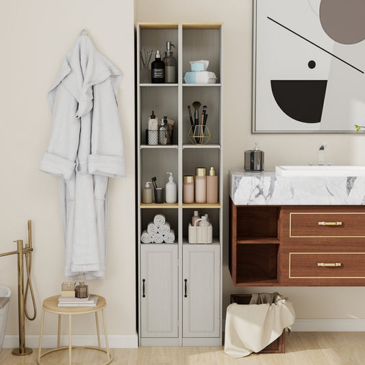 72 Tall Slim Storage Cabinet, 6-Tier Narrow Freestanding Bathroom Cabinet With 1 Door And 2 Adjustable Shelves, Bookcase Display Storage Shelves, Cube CD DVD Storage Cabinet-Antique White