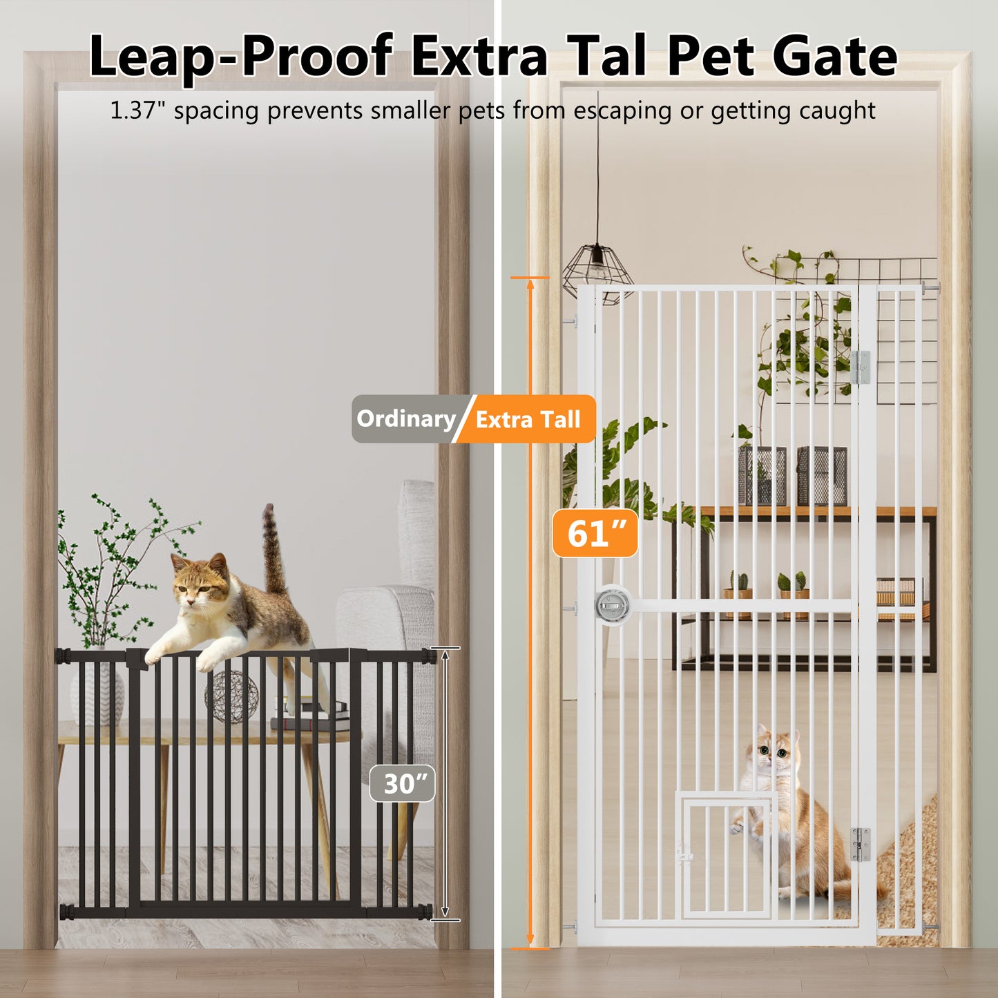 61  Extra Tall Cat Gate For Doorway , Adjustable Wide 34.3 -36.7  And Included 4.13  Extension Kits, Suitable For Doorways Or Kitchen, No Drilling Pressure Mount Kit, White