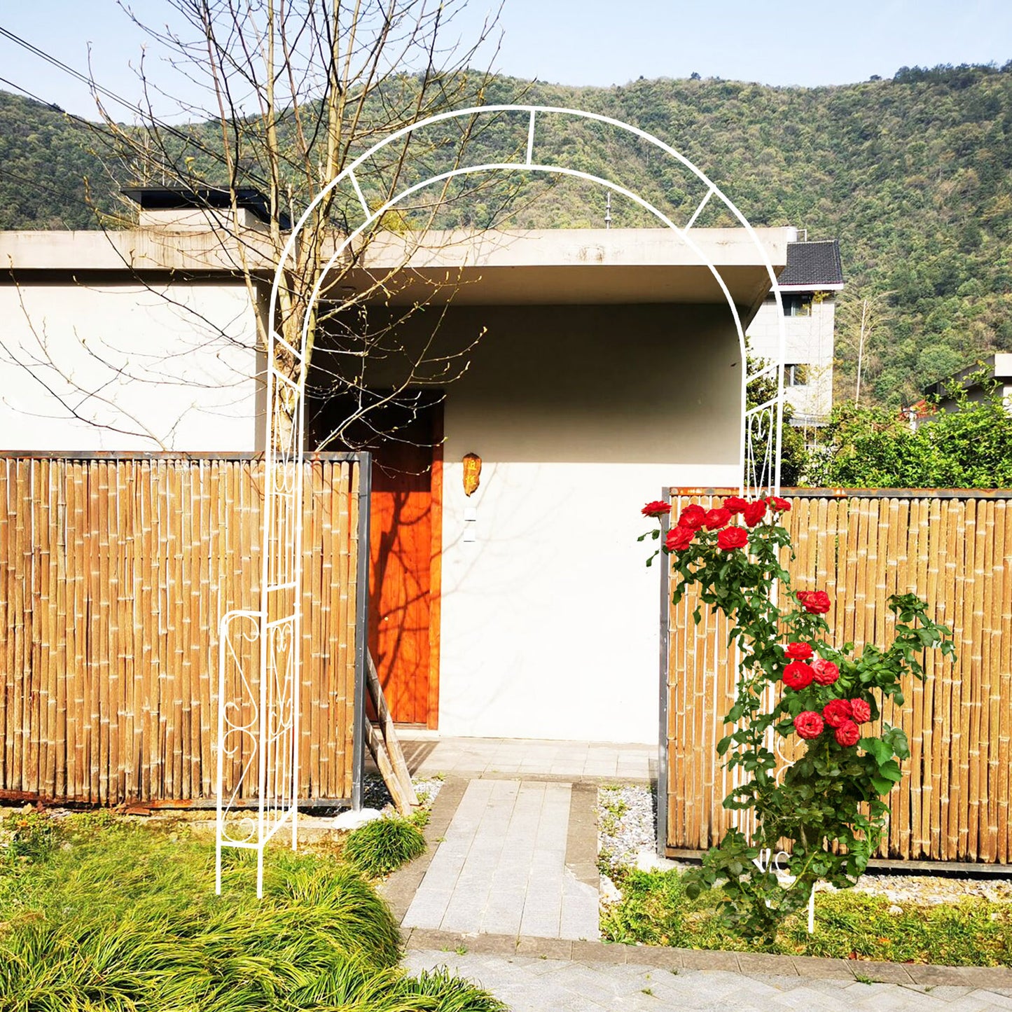 Metal Garden Arch W55  X H94.5  Garden Arbor Trellis Climbing Plants Support Rose Arch Outdoor Arch Cream White
