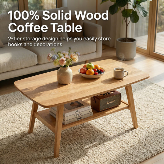 Mid Century Modern Coffee Table,  Solid Oak Wood Coffee Table With Storage Shelf, 2-Tier Coffee Table With Rounded Corners For Living Room, Office, Apartment Natural Oak Wood Color, 39.37  L