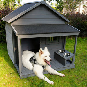 Large Dog House, Long 44.2  X Wide 44.6  X High 44.6  Solid Wood Asphalt Roof Dog House With Large Terrace For Large Dogs, Weatherproof Large Dog House  Improved ,Small Wooden Doors That Can Be Locked