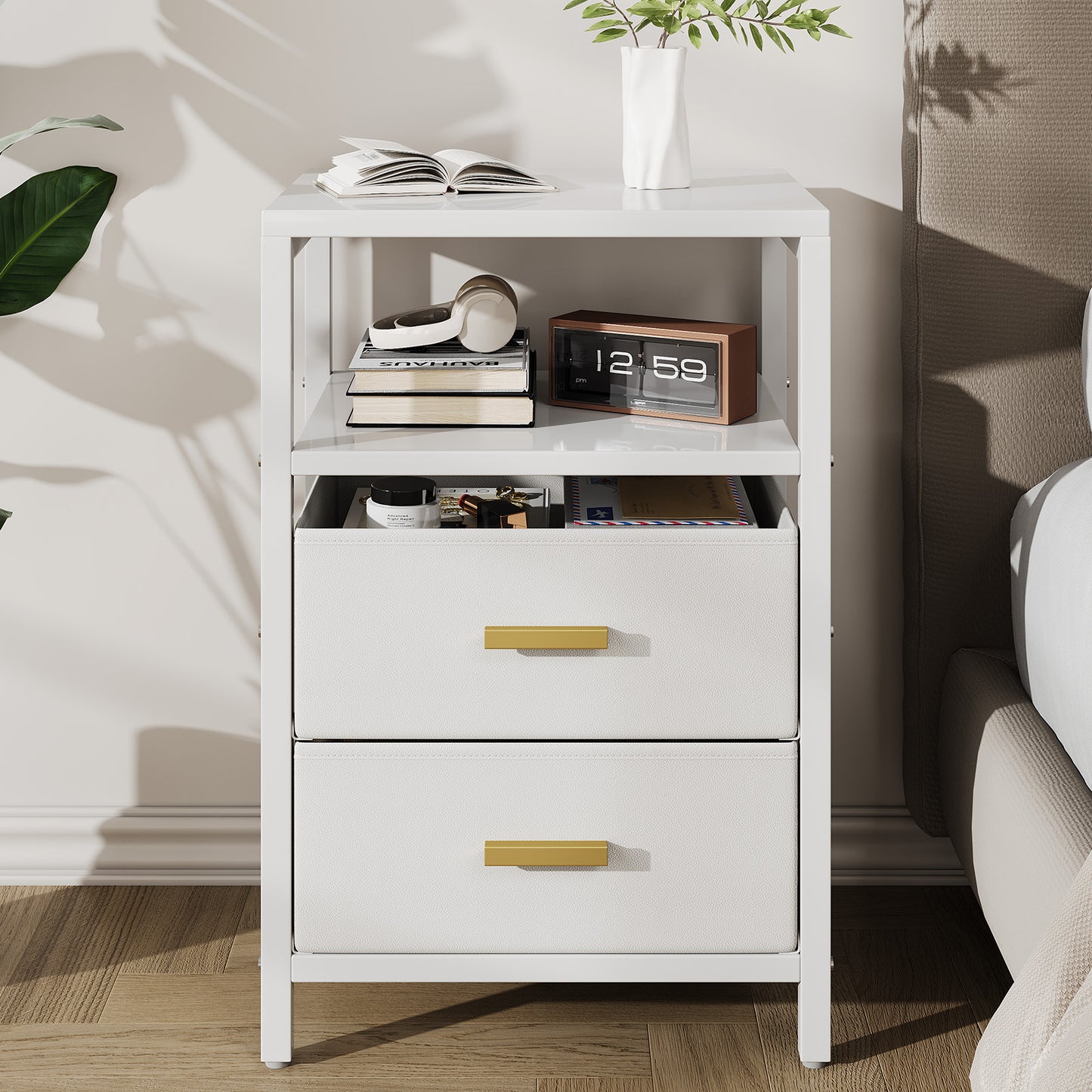 Bedside End Table Particle Board Modern Nightstand With 2 Fabric Drawers For Bedroom Living Room White