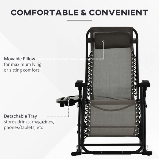 Outdoor Rocking Chairs, Foldable Reclining Zero Gravity Lounge Rocker With Pillow, Cup & Phone Holder, Combo Design With Folding Legs, Gray