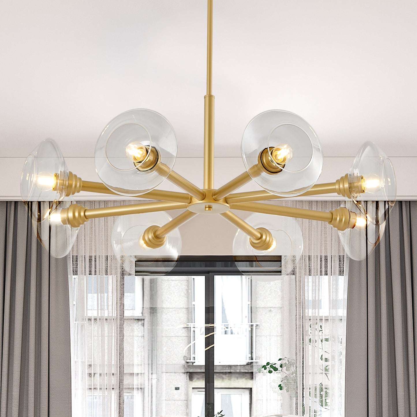36 Modern Gold 8-Light Sputnik Chandelier With Clear Glass Shades, Mid-Century Hanging Pendant Light Fixture For Dining Room, Living Room, Or Kitchen Bulb Not Included
