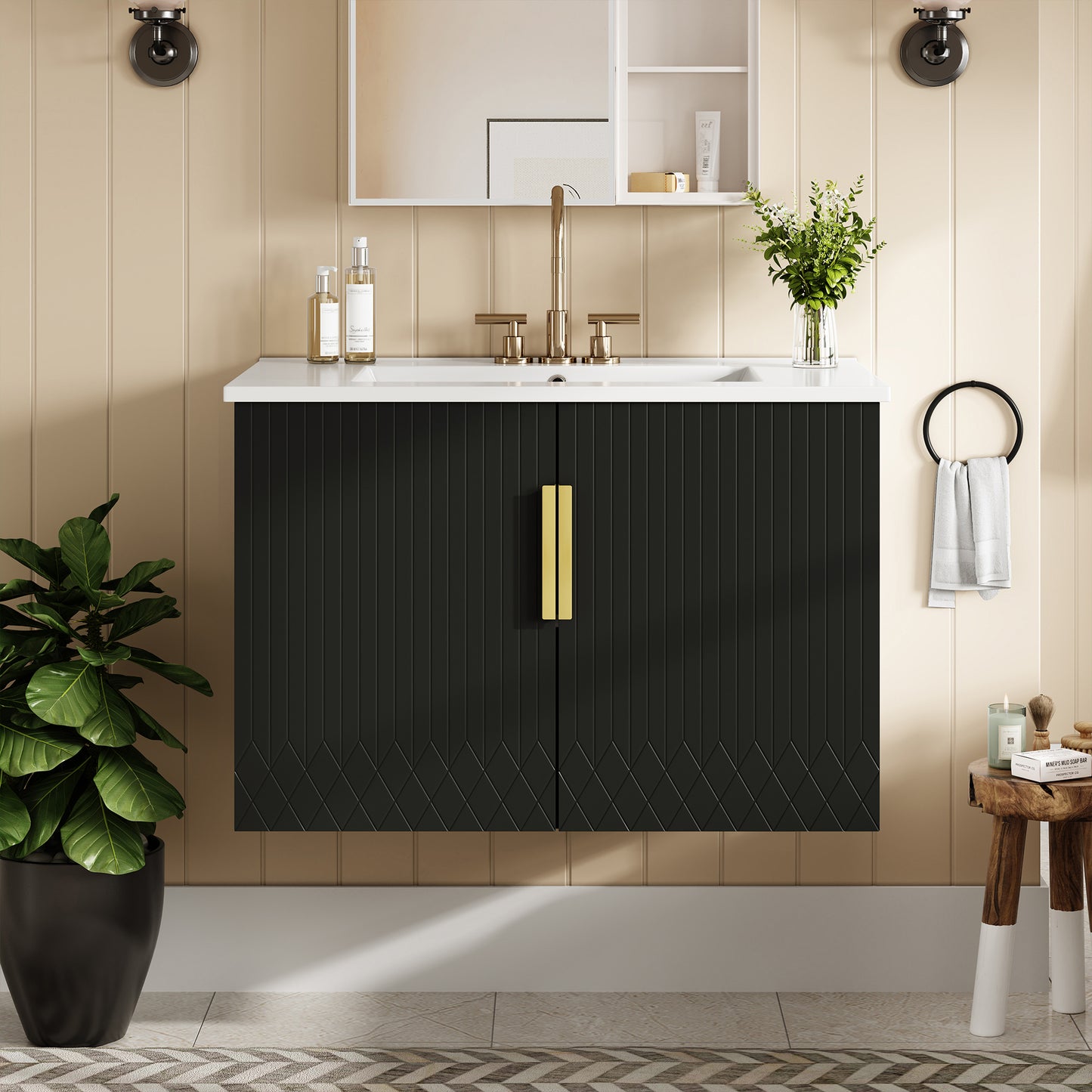 30 Vintage Bathroom Vanity With Ceramic Sink, With 3 Holes Single Ceramic Sink, Bathroom Storage Vanity Cabinet With 2 Soft Closing Doors