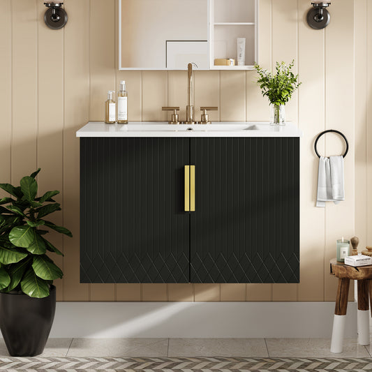30 Vintage Bathroom Vanity With Ceramic Sink, With 3 Holes Single Ceramic Sink, Bathroom Storage Vanity Cabinet With 2 Soft Closing Doors