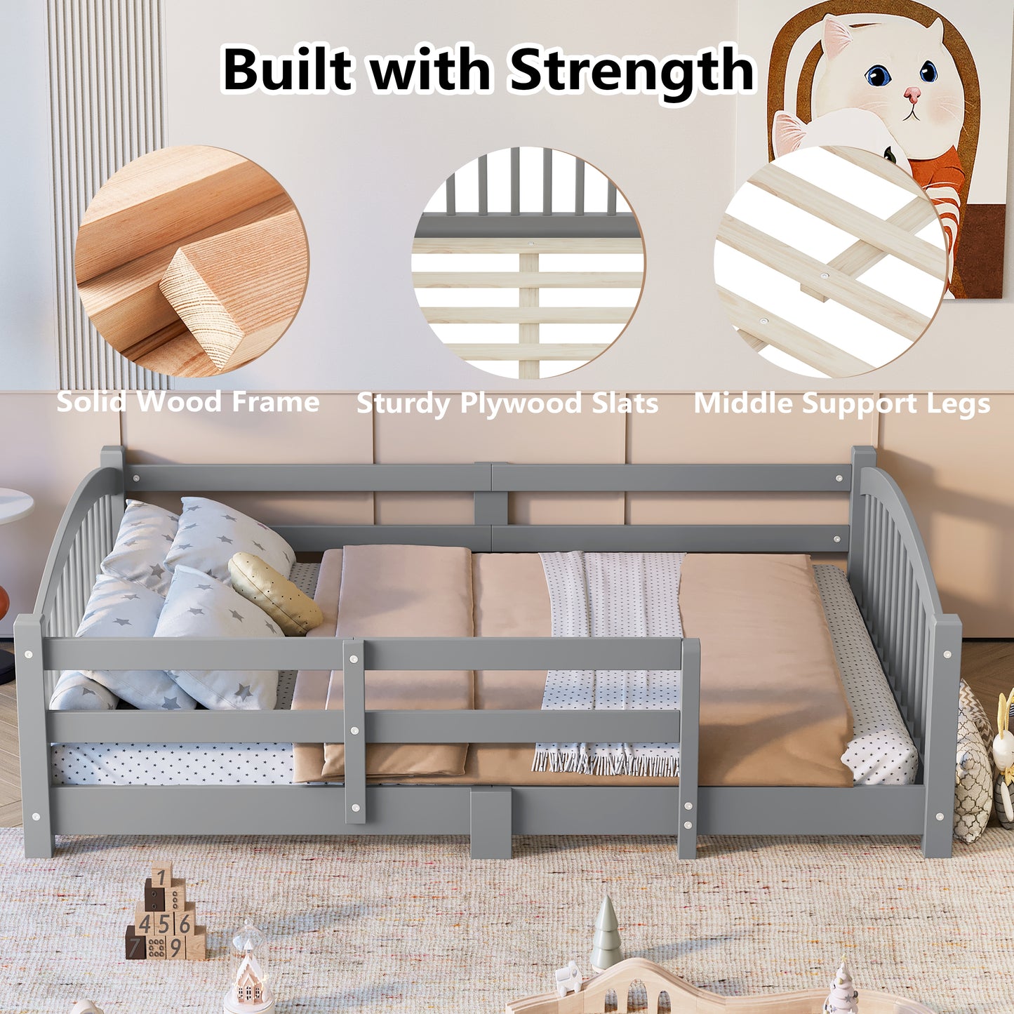 Full Montessori Floor Bed With Slats And Safety Guardrails, Solid Wood Floor Bed With Fence And Without Door, Easy Assemble Montessori Bed For Girls And Boys, Gray