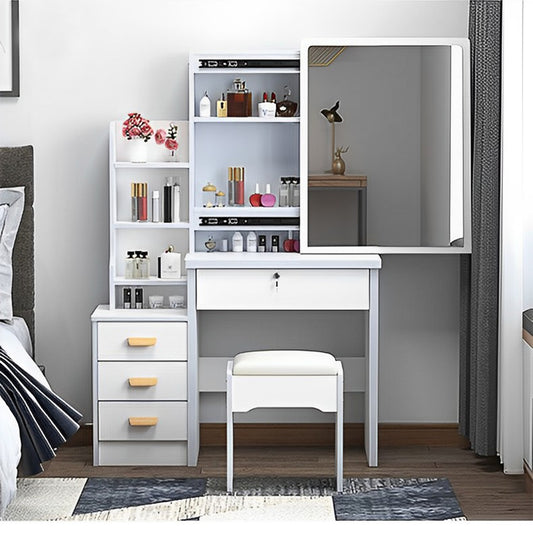 Fashion Vanity Desk With Mirror And Lights For Makeup And Chair, Vanity Mirror With Lights And Table Set With 3 Color Lighting Brightness Adjustable, 4 Drawers, White Color