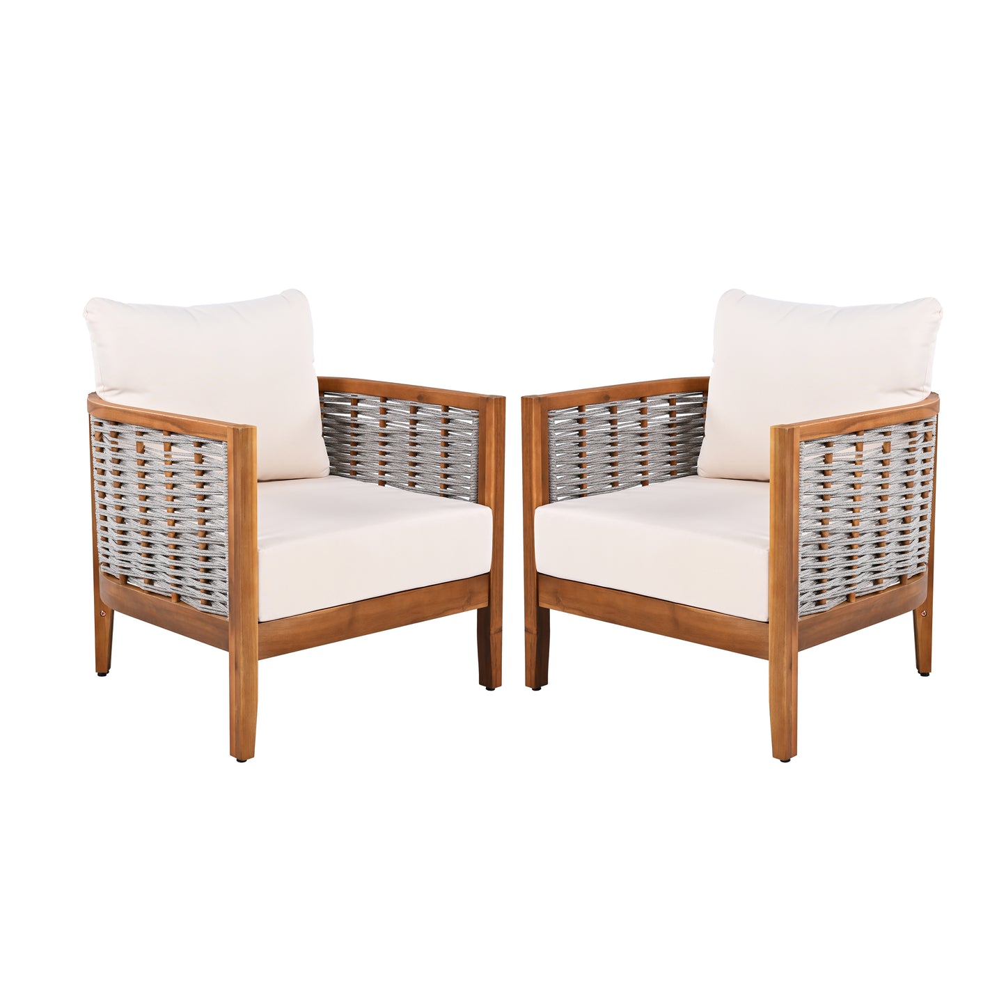 2 Pieces Outdoor Unique Tub Design Armchair With Woven Rope, Patio Furniture Acacia Wood Chair, Deep Seating With Soft Cushions For Porch, Garden, Backyard, Balcony, Teak Finish & Beige Cushion