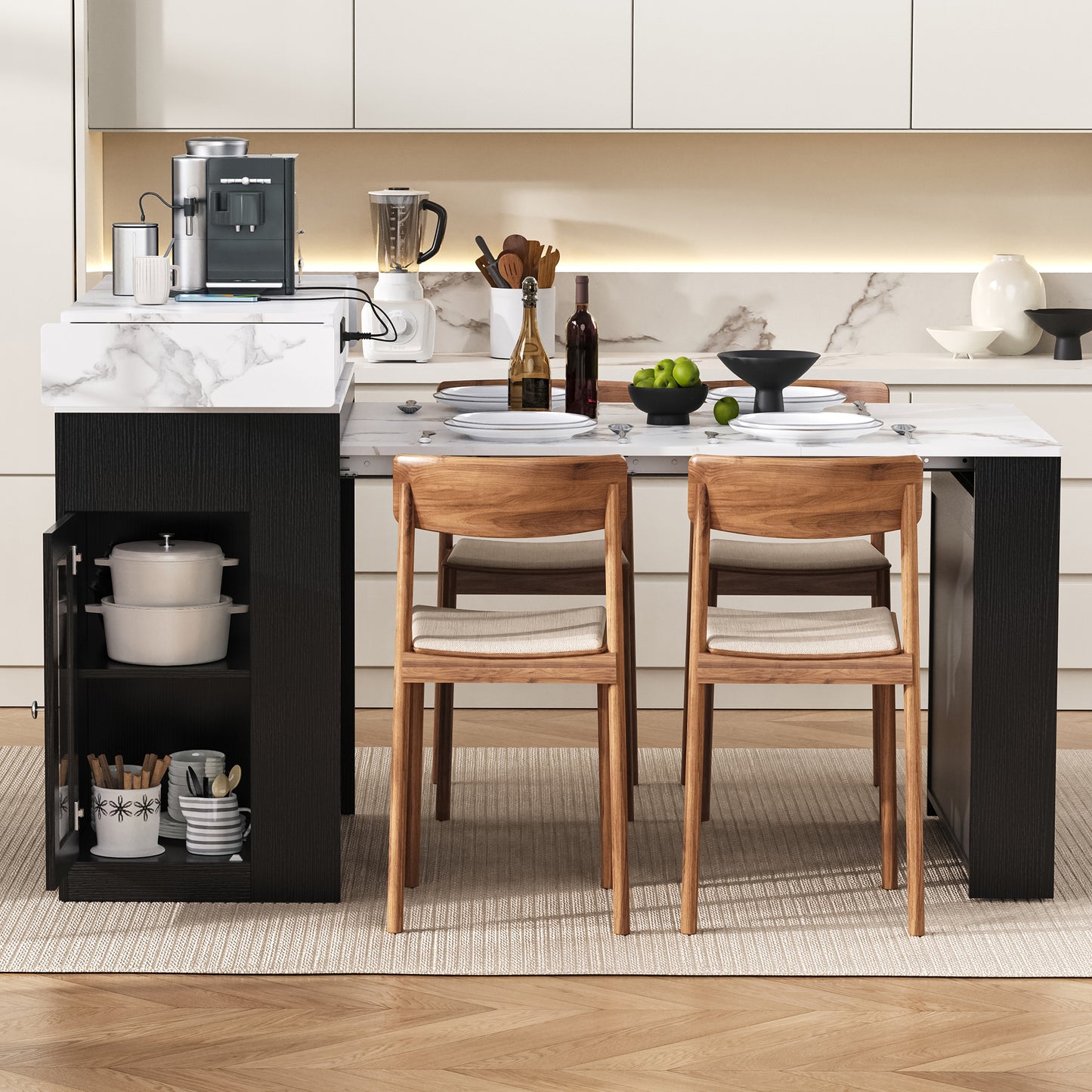 VIDEO  TREXM Extendable Dining Table With Folding Tabletop  Bar Table With Drawers And Power Outlet  Kitchen Island With Wheels And Hooks  Sideboard For Kitchen And Dining Room  Black Marble White
