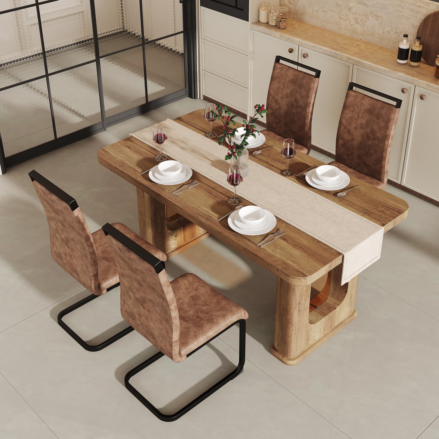 Table And Chair Set.64.5 X 35.4 Inch Stylish Wood Color Textured Dining Table.Perfectly Blending Simplicity And Transparency.Paried With 4 Brown Technology Fabric Chairs With Arched Black Legs.
