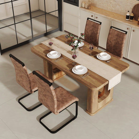 Table And Chair Set.64.5 X 35.4 Inch Stylish Wood Color Textured Dining Table.Perfectly Blending Simplicity And Transparency.Paried With 4 Brown Technology Fabric Chairs With Arched Black Legs.