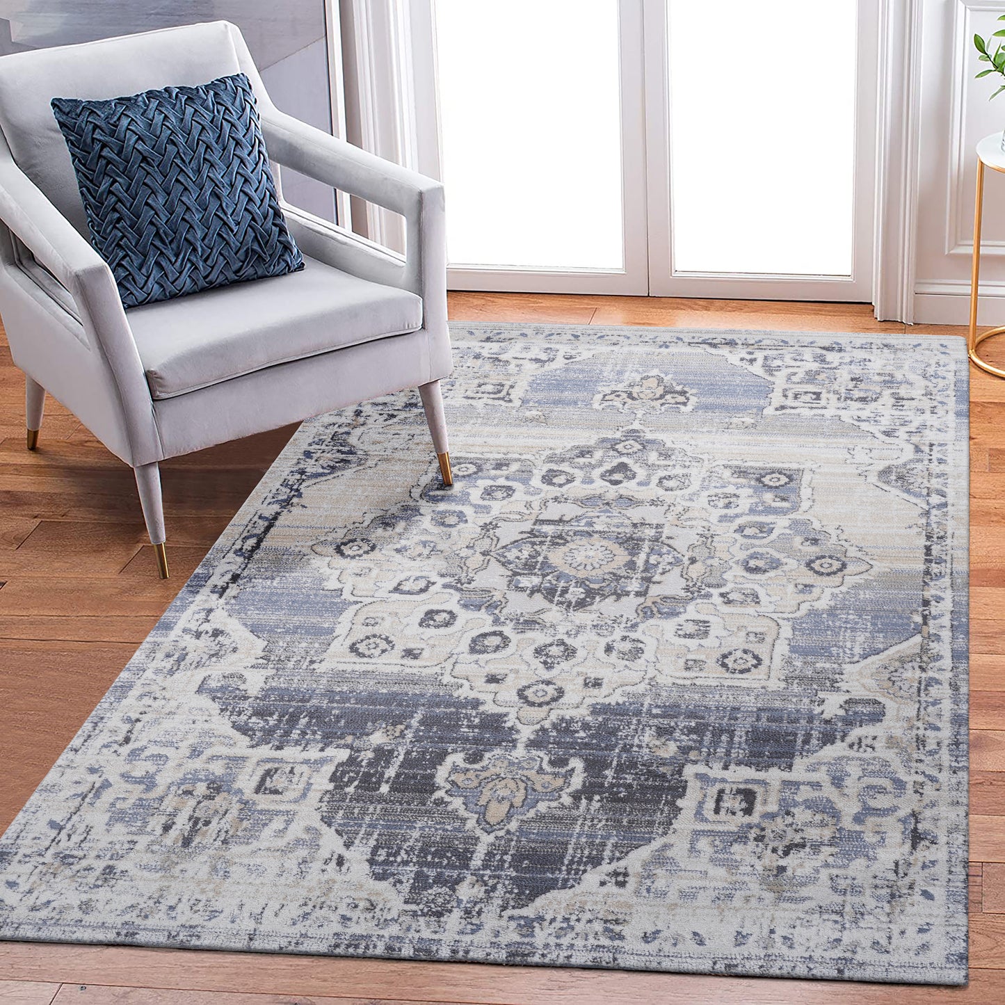 PAYAS 8X10 Cream  Blue  Medallion Area Rug