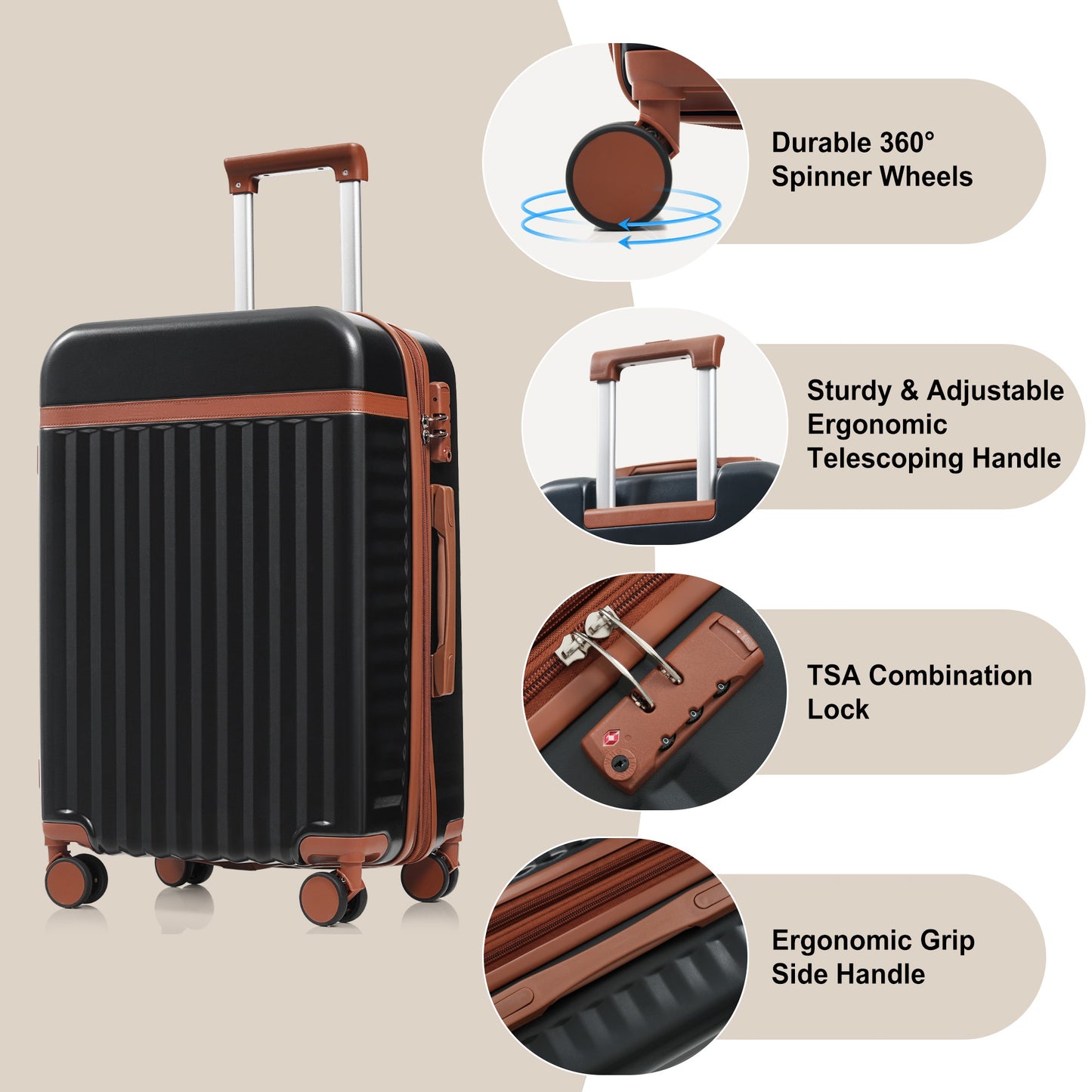 Luggage Set Of 3, 20inch With USB Port, Front Opening Design Airline Certified Carry On Luggage, ABS Hard Shell Luggage With Spinner Wheels,Black