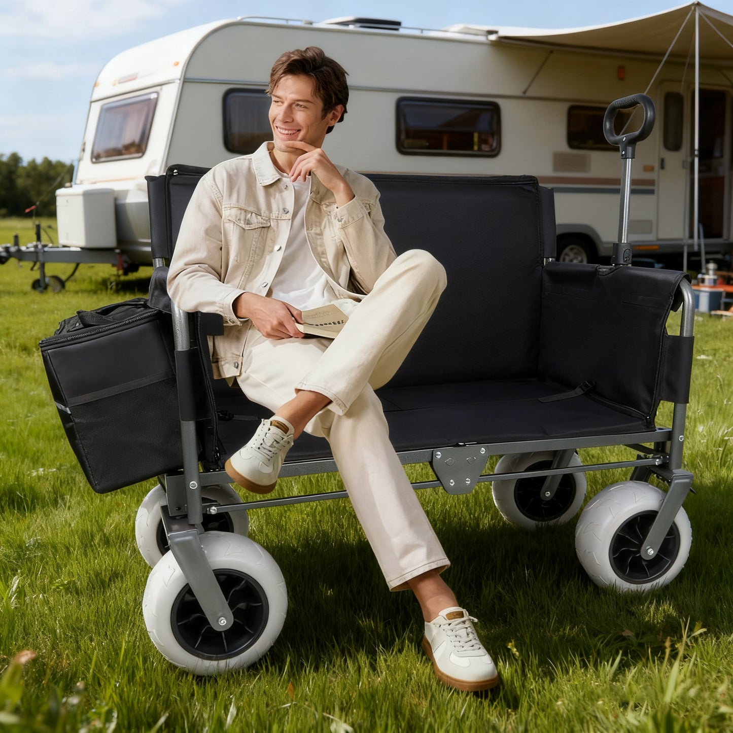 Folding Wagon With Bench Seat & 500 Lbs Capacity Patent Protection - 3- In- 1 Collapsible Utility Cart With All- Terrain Beach Tires For Camping  Includes 1 Ice Pack  Beach  Groceries  Outdoor  Black