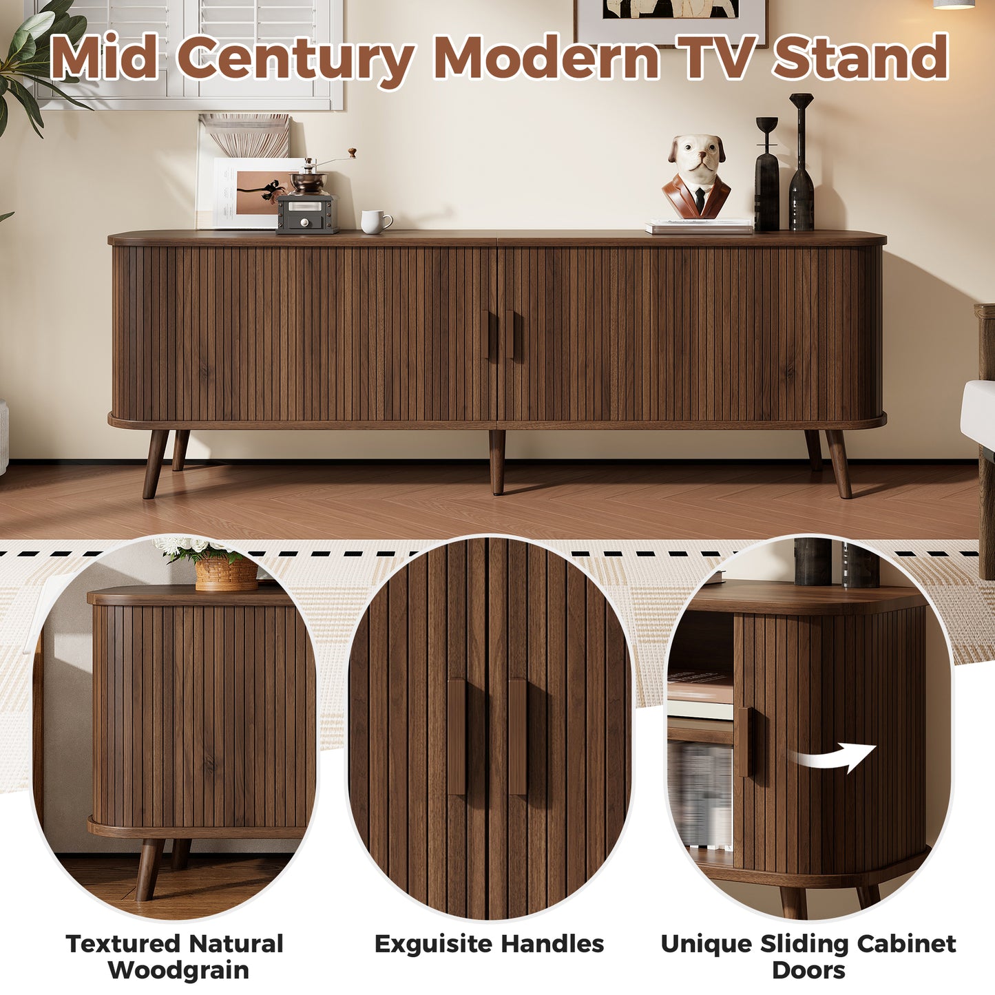 70-inch Modern TV Stand For TVs Up To 80 Inches For Living Room, Media Entertainment Center With Ample Storage & Solid-Wood Legs