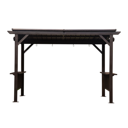 6.5x12FT Hardtop Grill Gazebo, Outdoor BBQ Gazebo With 2 Side Shelves And Sloping Galvanized Steel Roof, Metal Permanent Grill Canopy With Ceiling Hooks For Patio, Lawn, Backyard, Deck, Brown