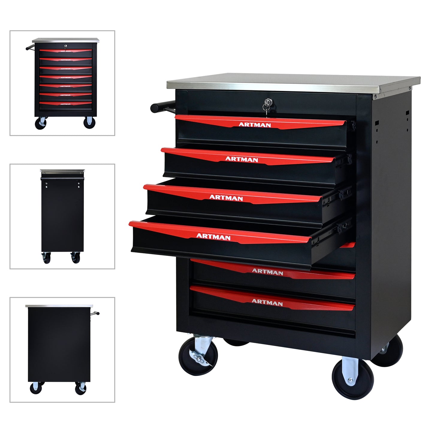 7 Drawers Multifunctional Tool Cart With Wheels,Metal Rolling Tool Cart Storage For Garage Workshop Warehouse Repair Shop--With Stainless Steel Roof- BLACK&RED