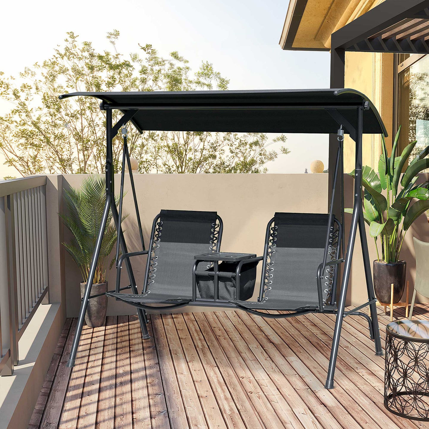 2-Seat Outdoor Porch Swing, With Pivot Storage Table, Cup Holder, & Adjustable Overhead Canopy, Stand's Skid-Resistant Feet Pad, Breathable Mesh Seat, Steel Frame, For Patio, Black