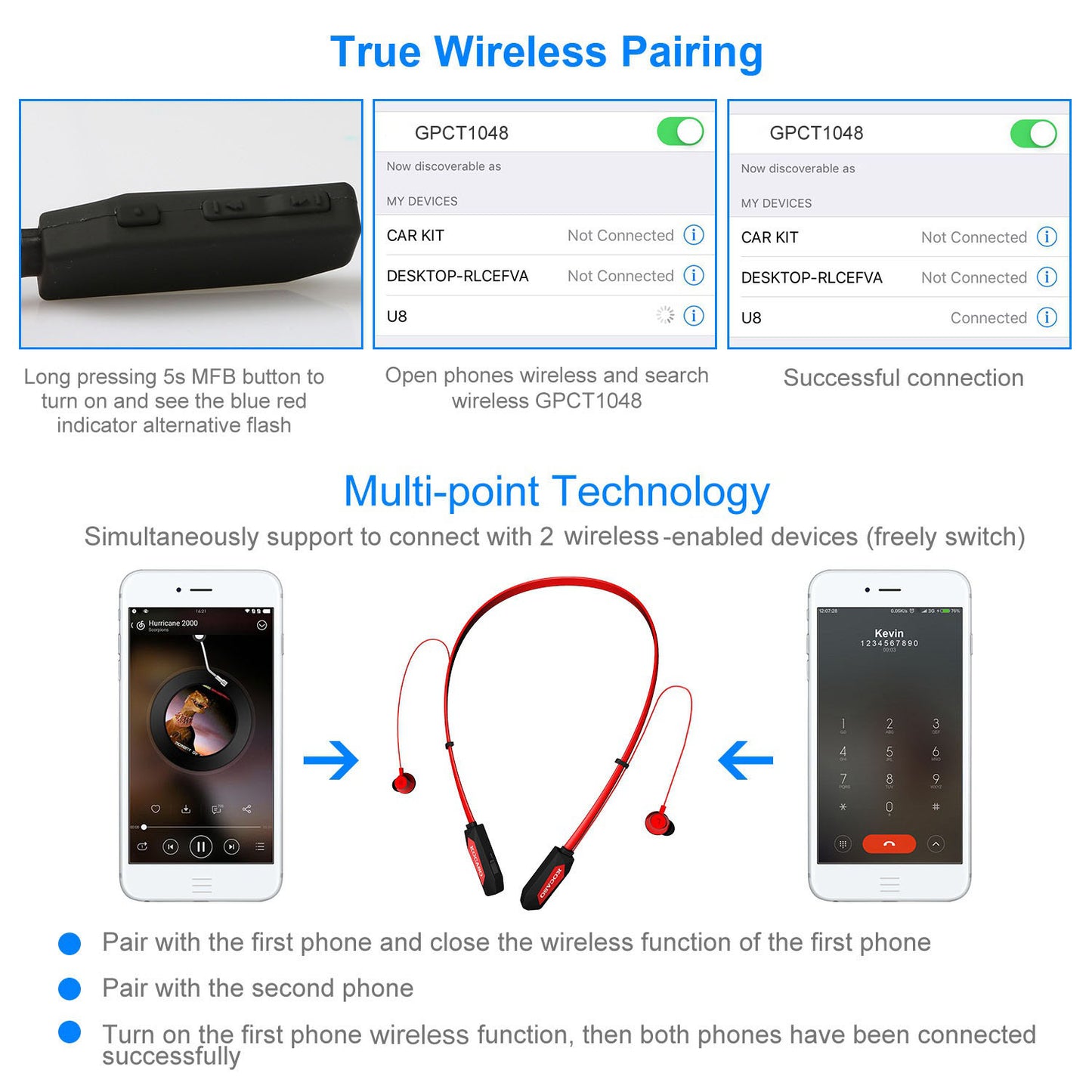 Black-Red Color Options -- 1Pc Wireless Neckband Headphones V4.2 Sweat-proof Sport Headsets Earbuds In-Ear Magnetic Neckbands Stereo Earphone Deep Bass Earphone With Mic 15Hrs Work Running Hiking