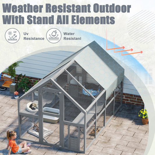 Cat, Large  Outdoor Cat Enclosure For Multiple Cats With 7Platforms, 2 Resting Box And 2 Bridges, Wooden Feral Cats Shelter With Waterproof And UV Proof Canopy, 110.24x 74.02 X 74.02 Inch