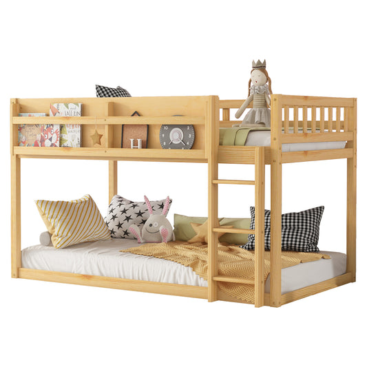 Low Twin Over Twin Bunk Bed, Floor Bunk Bed With Ladder, Solid Wood Twin Bunk Bed For Kids & Juniors, NaturalExpect Arrival Date 2025 11 25
