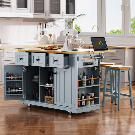 K&K 53inch Large Kitchen Island With 2 Bar Stools,Power Outlet,Door Internal Storage Rack,Kitchen Storage Cart On 5 Wheels With Drop Leaf,5 Open Side Racks,3 Drawers,Grey Blue  Three Packages