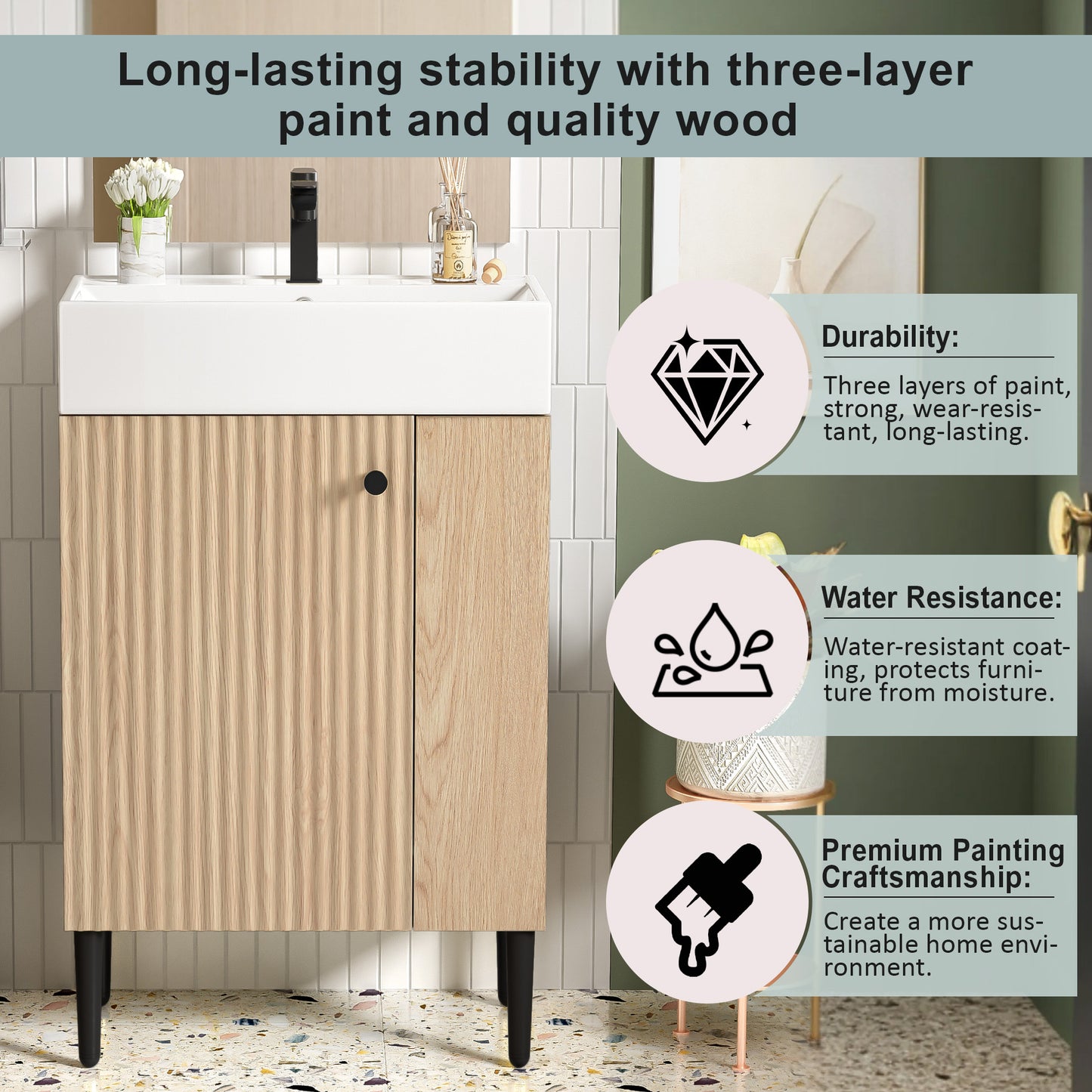 21.6  Wood Bathroom Vanity, Combo Cabinet, Bathroom Storage Cabinet, Single Ceramic Sink, Right Side Storage