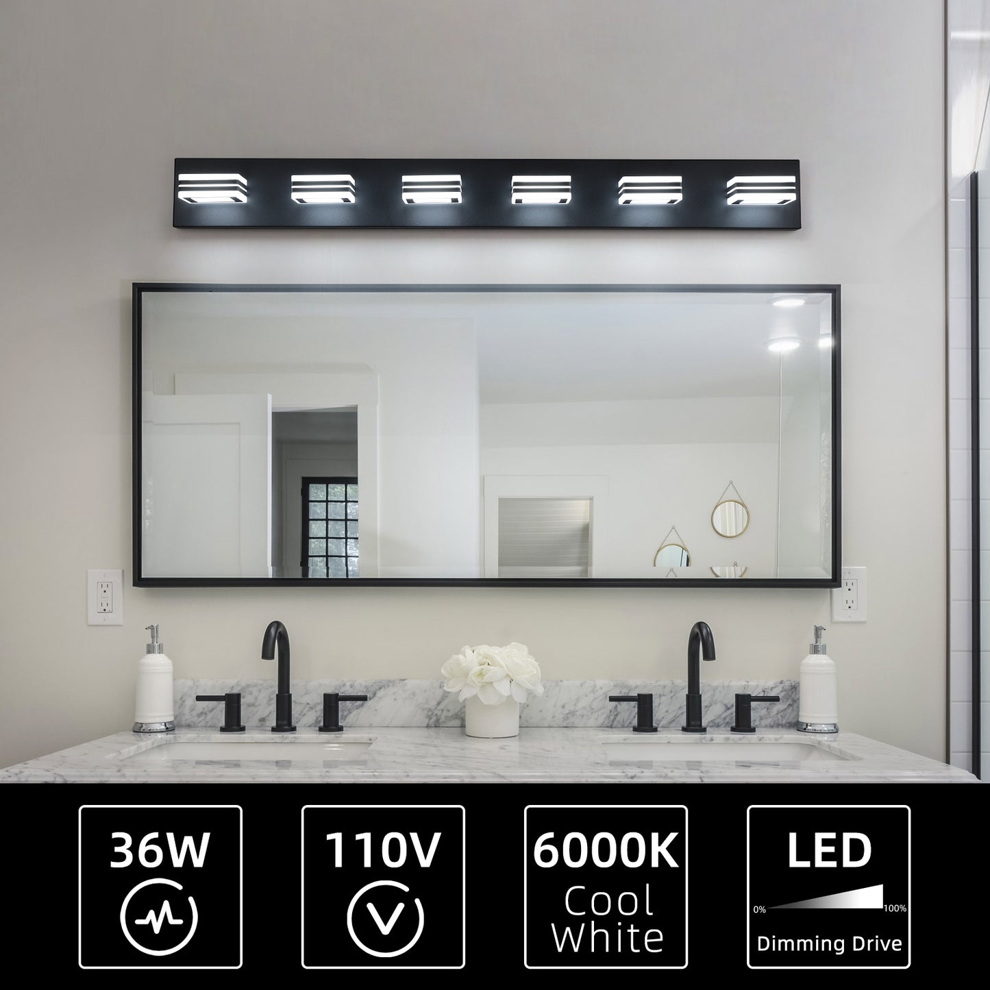 39in  Modern Black 6-Light LED Vanity Light, Square Acrylic Lampshades Wall Mount Fixture For Bathroom, Mirror Lighting