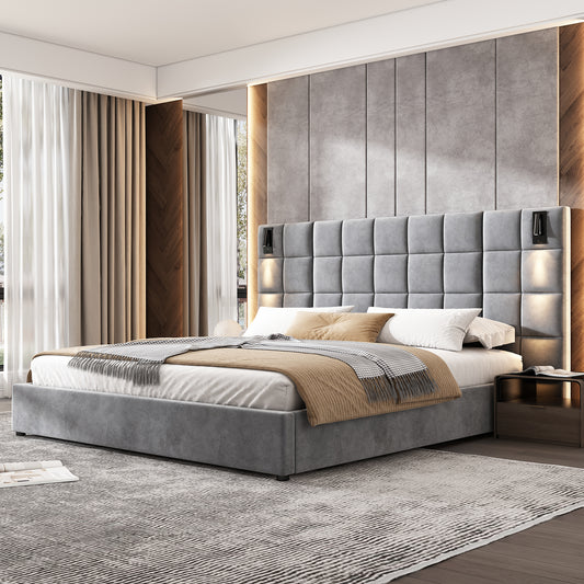 King Size Upholstered Bed Frame,With Wall Sconce And USB Port, Wide Headboard, Velvet, Gray