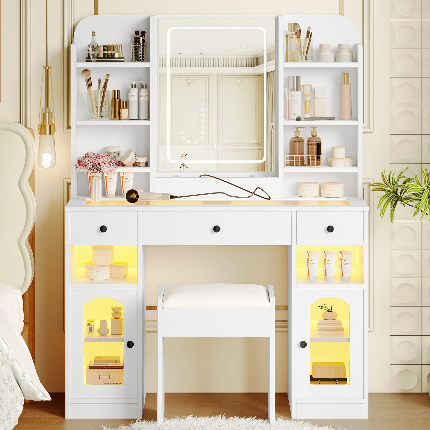 43.2  Vanity Desk With LED Mirror And Lights, Glass Top Vanity With RGB Glass Light Cabinets, Dressing Table With 3 Drawers ,Storage Shelves And Stool For Bedroom, White