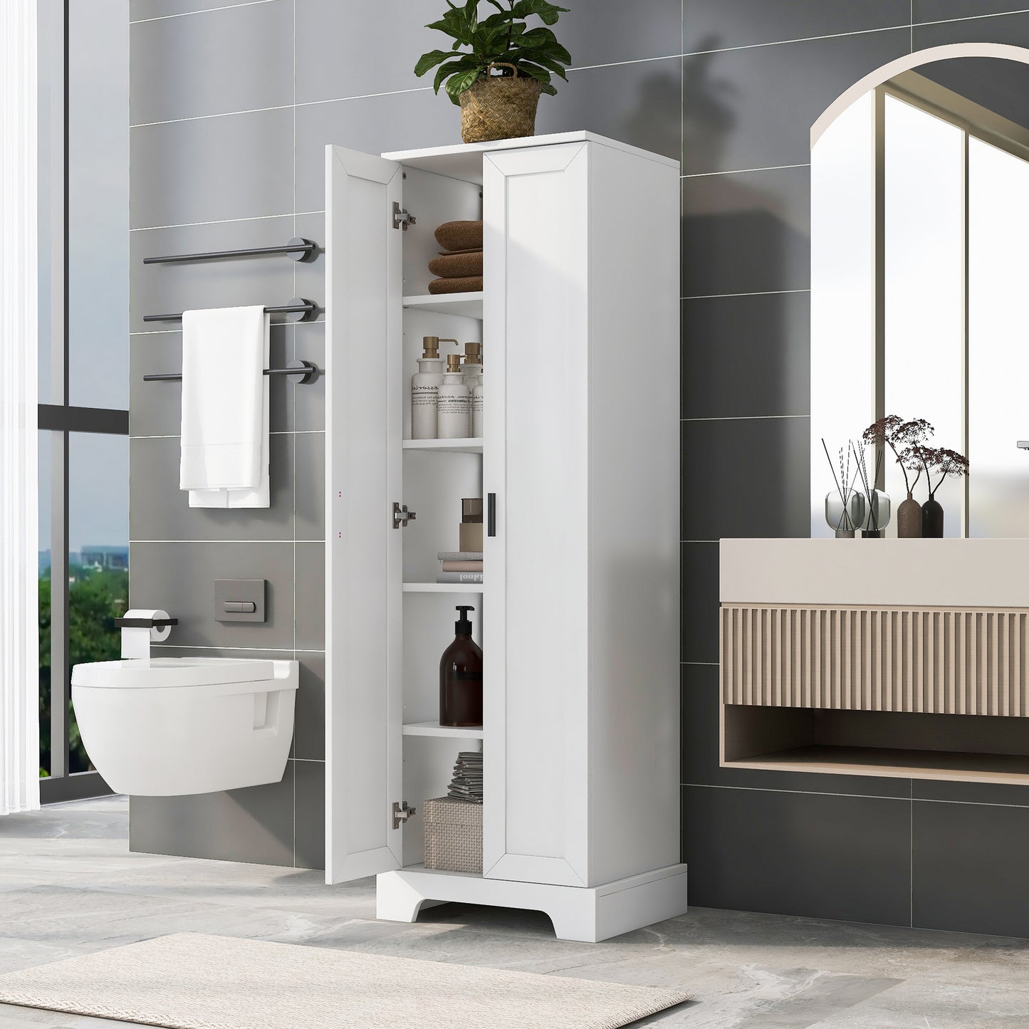 Storage Cabinet With Two Doors For Bathroom, Office, Adjustable Shelf, MDF Board, White