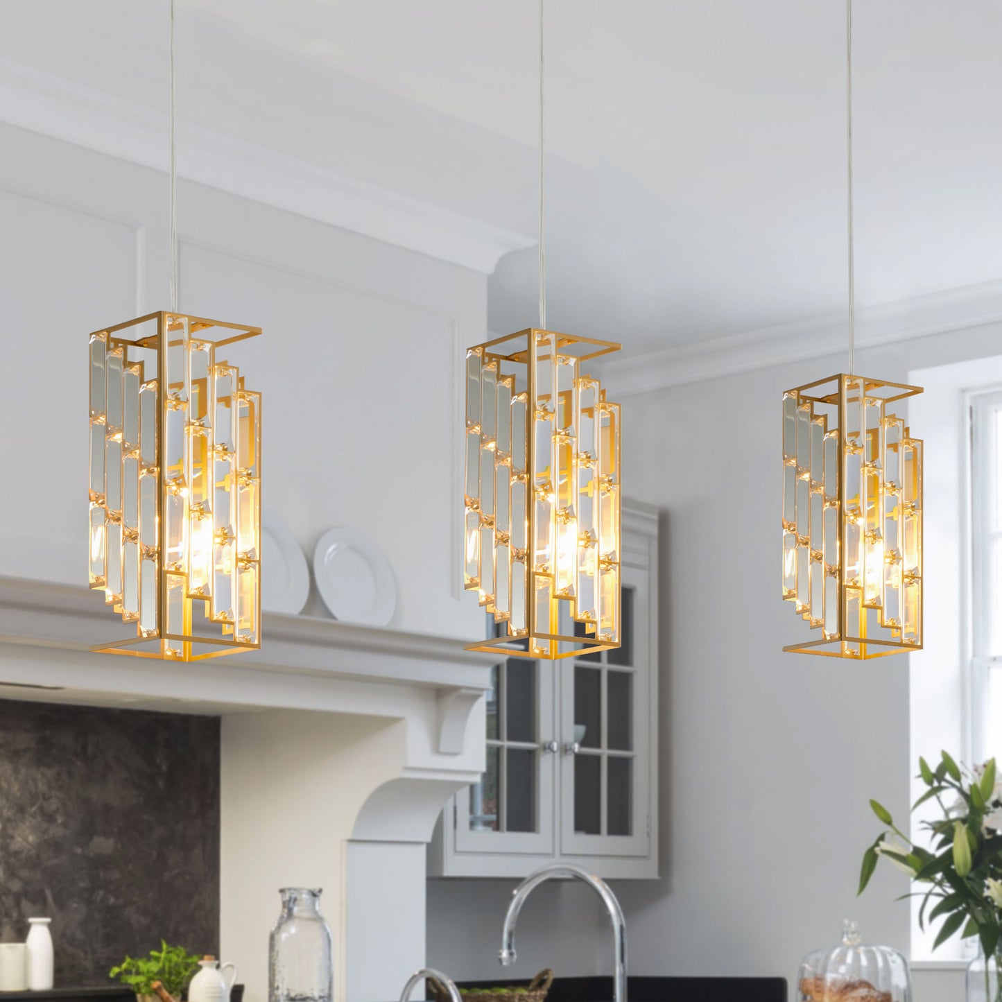 4in Modern Crystal Pendant Light - 3 Pack, Adjustable Hanging Ceiling Lamp With Crystal Prism Design For Dining Room, Kitchen Island, And Living Room -Golden Finish