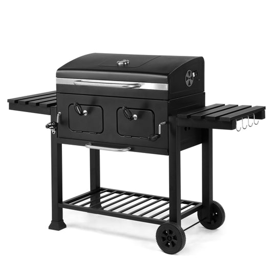 Charcoal Grill Outdoor BBQ Grill, Extra Large Cooking Area With Two Individual & Adjustable Charcoal Doors, Foldable Side Tables For Outdoor Cooking, Backyard, Camping, Picnics