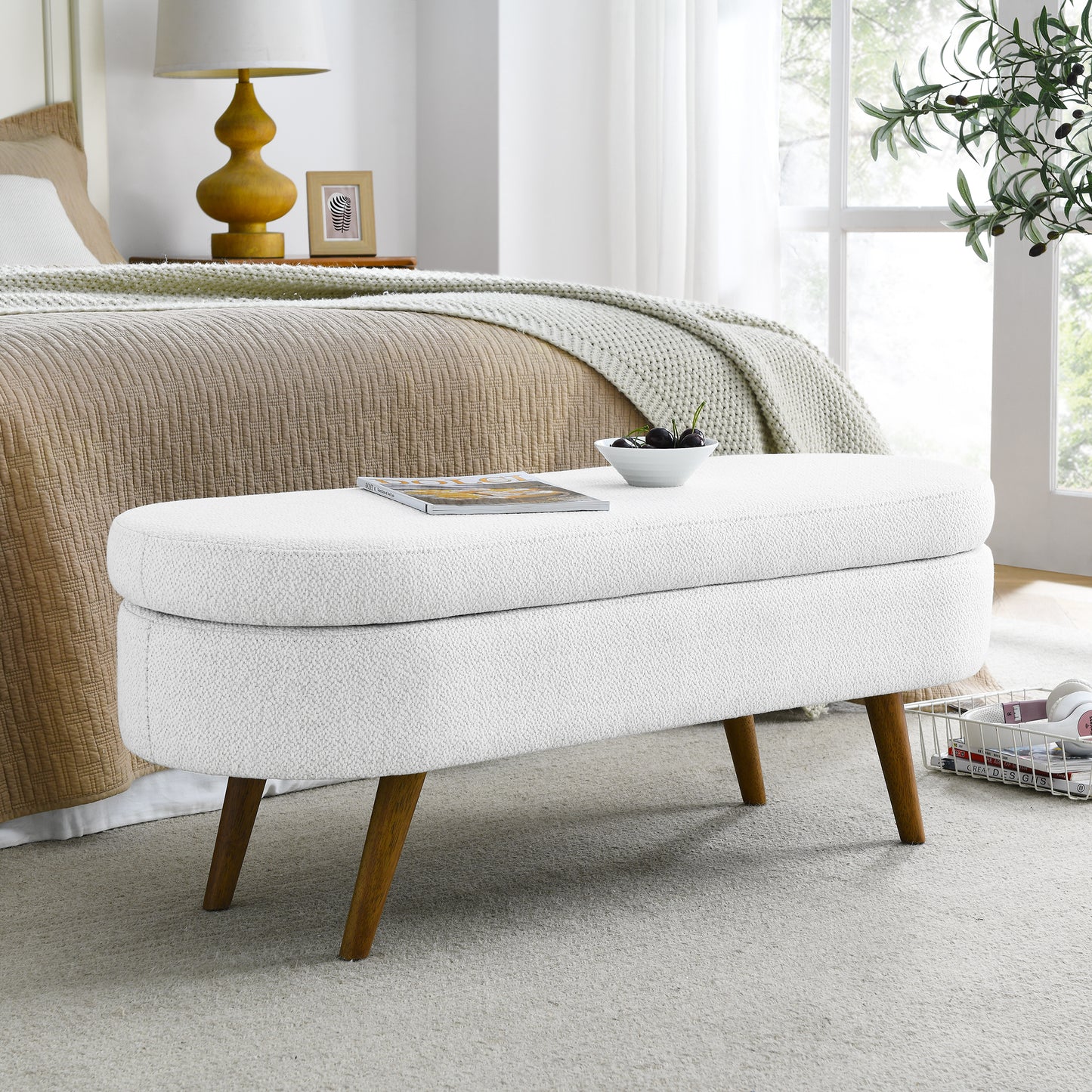 Ottoman Oval Storage Bench,Rubber Wood Legs,White 43.5x16x16