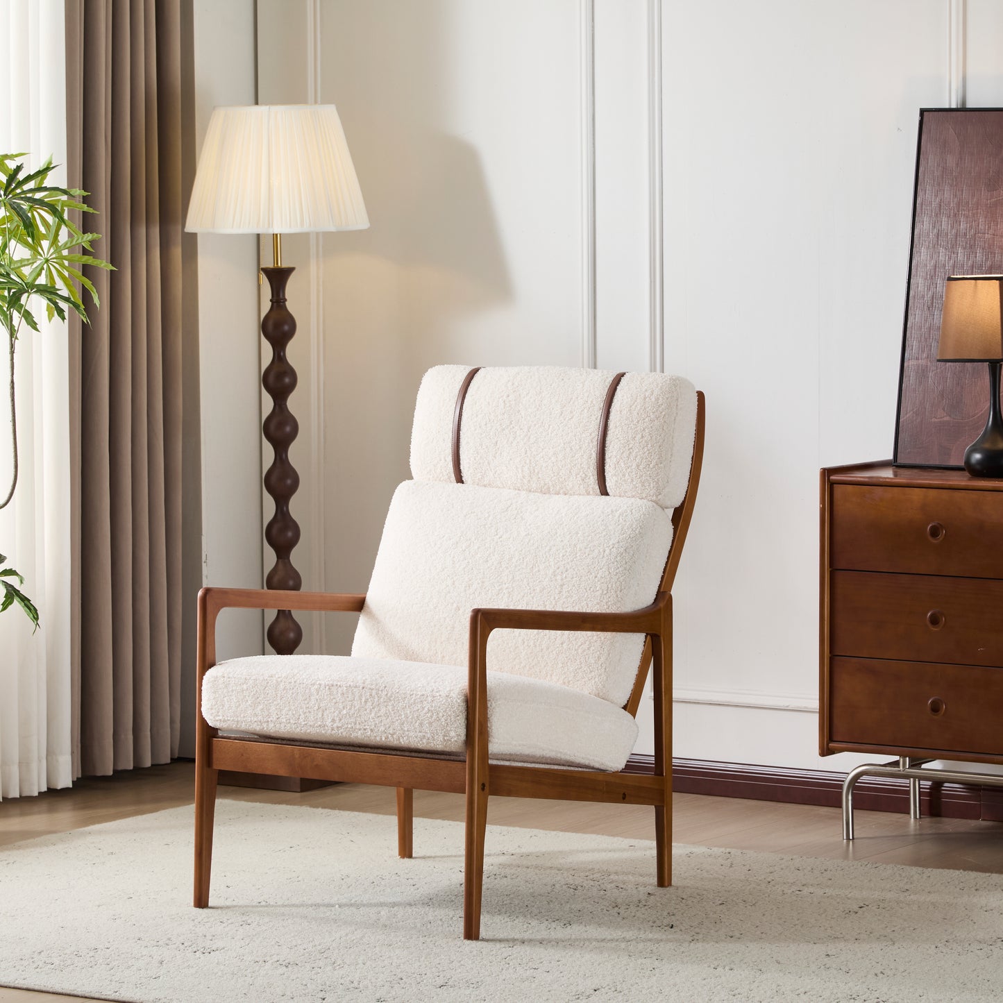 Mid Century Modern Accent Armchair, Solid Wood Frame With High Back, Beige Boucle Upholstered Cushions, Ergonomic Lounge Chair For Living Room Bedroom Reading Nook