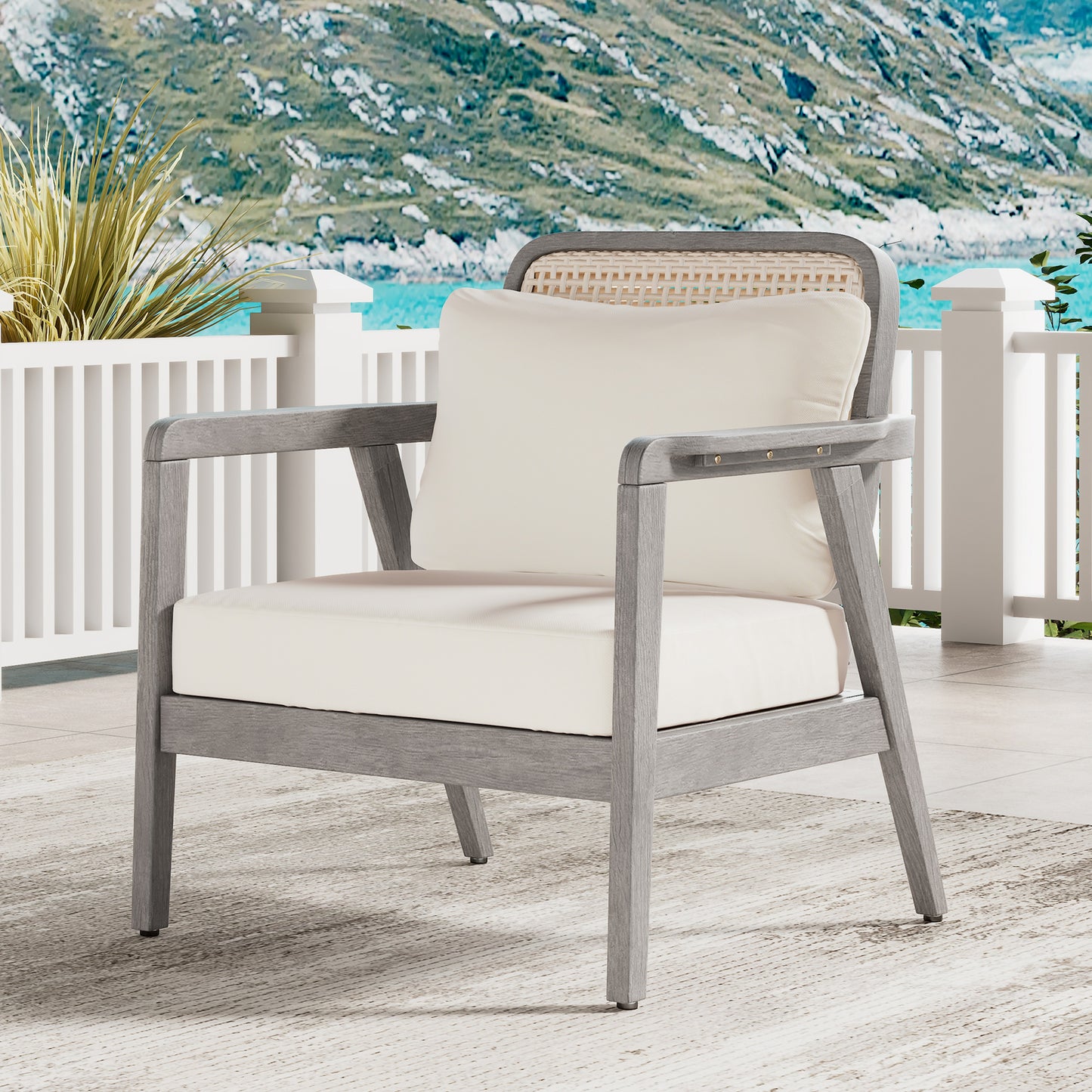 Outdoor Acacia Wood Patio Club Chair, Patio Furniture,Waterproof Thick Cushion Deep Seating For Porch, Garden, Backyard, Balcony, Weight Capacity 400lbs, Light Gray Finish, Cream Cushion